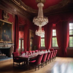 An opulent dining hall with a large oak table set for dinner, lit by a grand chandelier. Lush red draperies hanging from the tall windows, walls adorned with oil paintings.