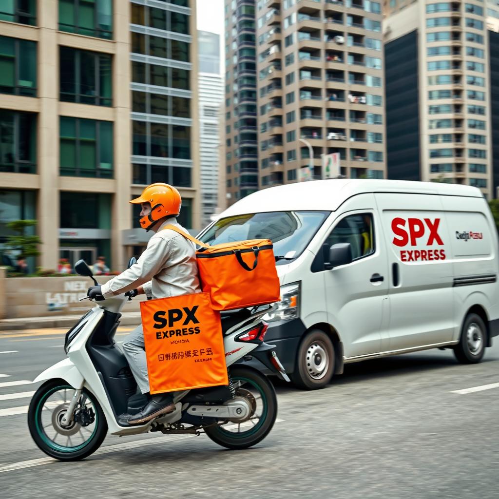 A delivery courier riding a Honda Vario automatic motorcycle with an orange bag that has the text "SPX EXPRESS" on it