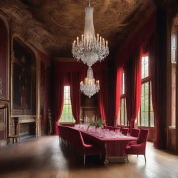 An opulent dining hall with a large oak table set for dinner, lit by a grand chandelier. Lush red draperies hanging from the tall windows, walls adorned with oil paintings.