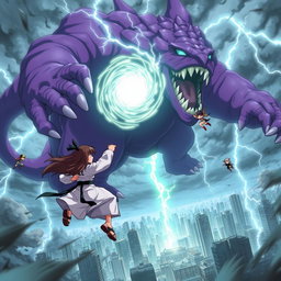 An exciting anime scene depicting a group of heroic characters flying towards a massive purple monster amidst a tumultuous storm