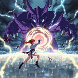 An exciting anime scene depicting a group of heroic characters flying towards a massive purple monster amidst a tumultuous storm