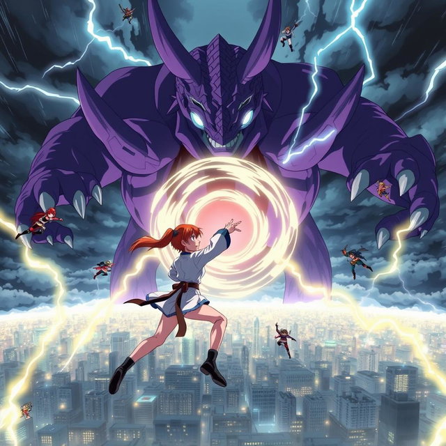 An exciting anime scene depicting a group of heroic characters flying towards a massive purple monster amidst a tumultuous storm