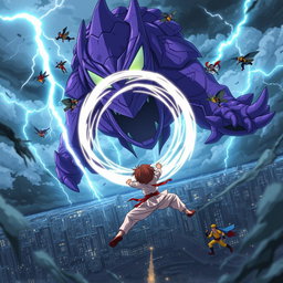 An exciting anime scene depicting a group of heroic characters flying towards a massive purple monster amidst a tumultuous storm
