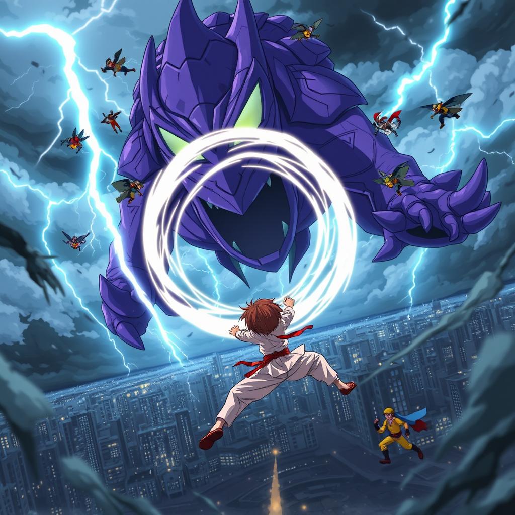 An exciting anime scene depicting a group of heroic characters flying towards a massive purple monster amidst a tumultuous storm
