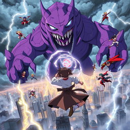 An exciting anime scene depicting a group of heroic characters flying towards a massive purple monster amidst a tumultuous storm