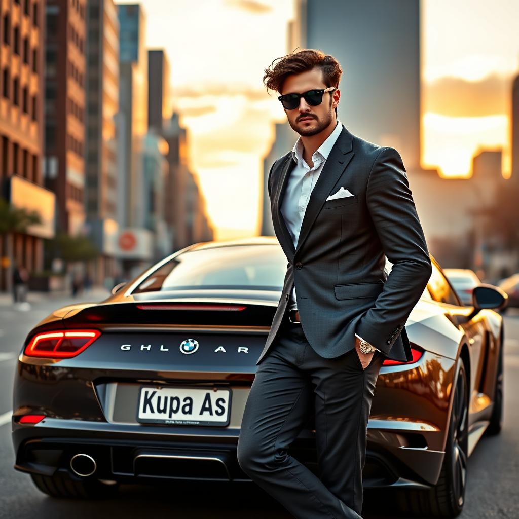 A handsome man in a tailored suit leaning against a sporty car, which has a license plate that reads 'Kupa As'
