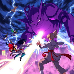 An exhilarating anime scene featuring a dynamic group of heroes flying towards a colossal purple monster in the midst of a raging storm