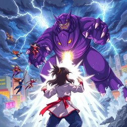 An exhilarating anime scene featuring a dynamic group of heroes flying towards a colossal purple monster in the midst of a raging storm