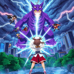 An exhilarating anime scene featuring a dynamic group of heroes flying towards a colossal purple monster in the midst of a raging storm