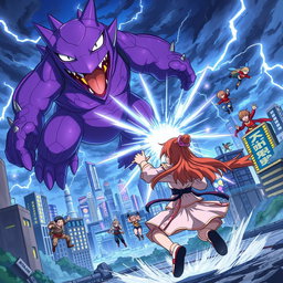 An exhilarating anime scene featuring a dynamic group of heroes flying towards a colossal purple monster in the midst of a raging storm