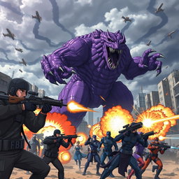 An intense anime scene featuring FBI agents equipped with high-tech firearms, taking aim and shooting at a gigantic purple monster rampaging through a city
