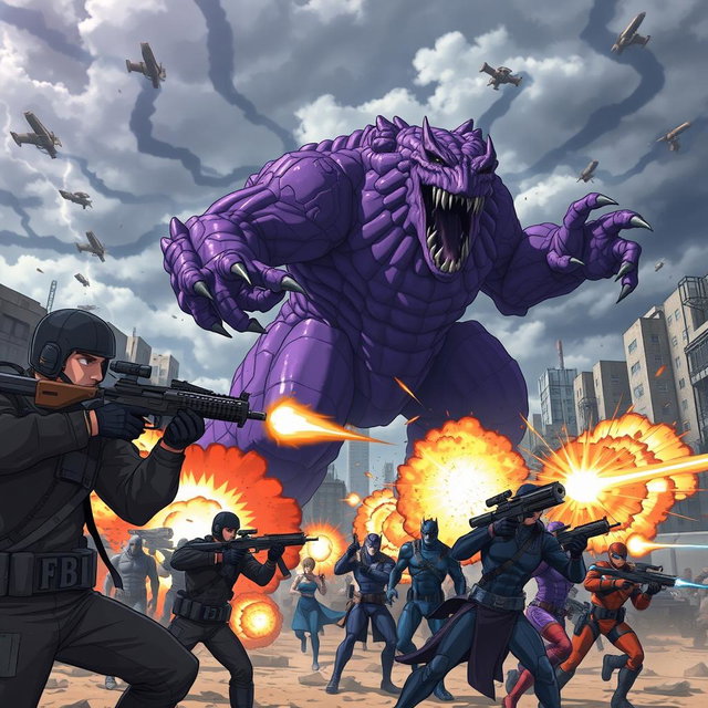 An intense anime scene featuring FBI agents equipped with high-tech firearms, taking aim and shooting at a gigantic purple monster rampaging through a city