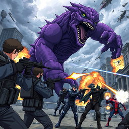 An intense anime scene featuring FBI agents equipped with high-tech firearms, taking aim and shooting at a gigantic purple monster rampaging through a city