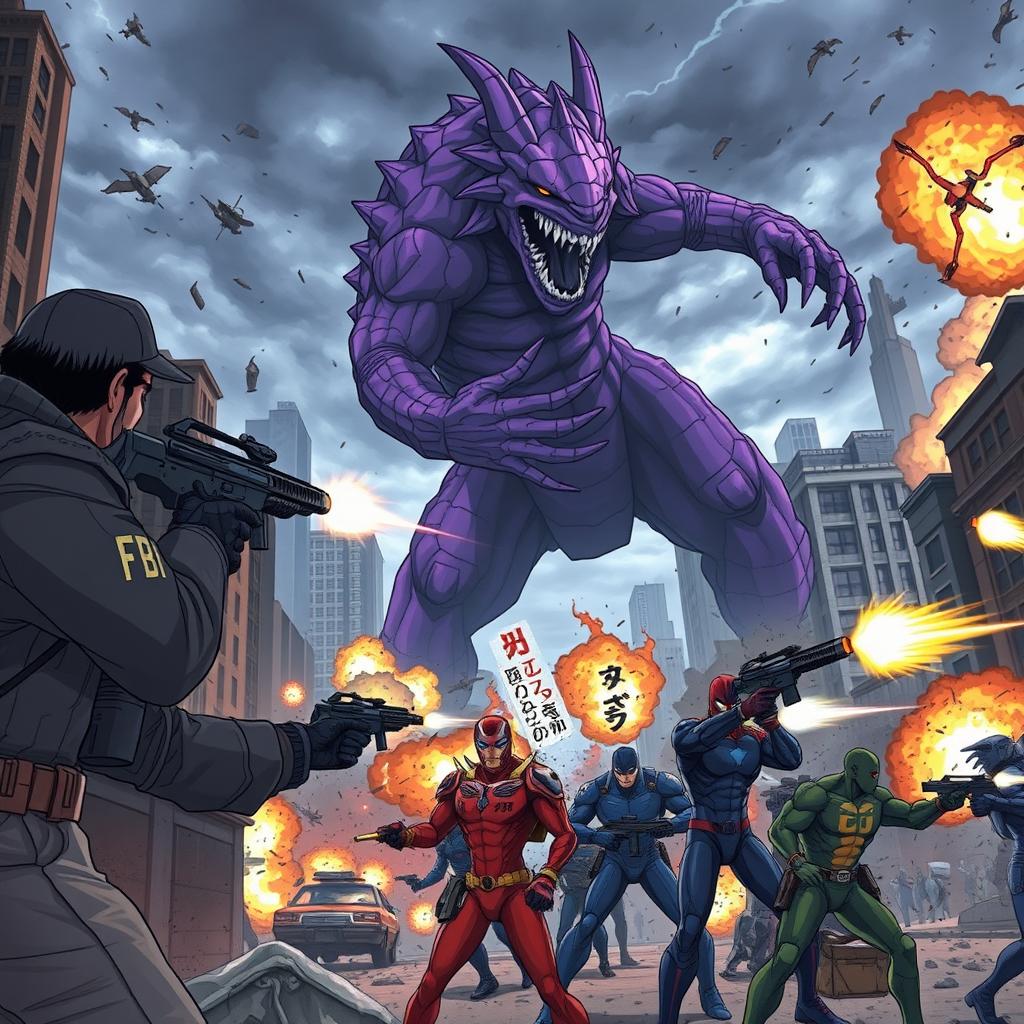 An intense anime scene featuring FBI agents equipped with high-tech firearms, taking aim and shooting at a gigantic purple monster rampaging through a city