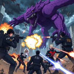 An intense anime scene featuring FBI agents equipped with high-tech firearms, taking aim and shooting at a gigantic purple monster rampaging through a city
