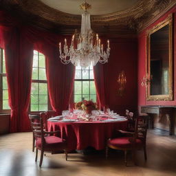 An opulent dining hall with a large oak table set for dinner, lit by a grand chandelier. Lush red draperies hanging from the tall windows, walls adorned with oil paintings.