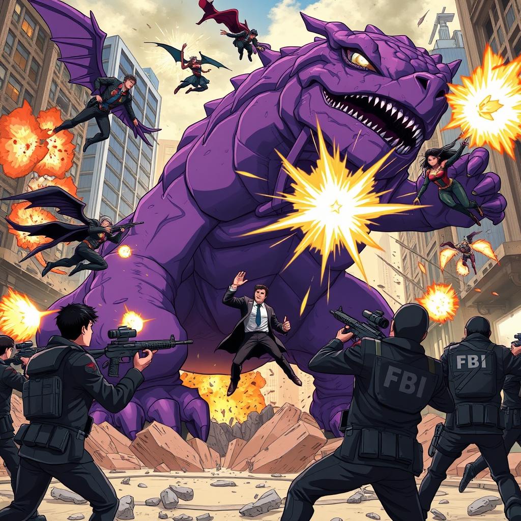 An epic anime scene showcasing FBI agents actively engaged in a fierce battle against a gigantic purple monster