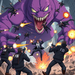 An epic anime scene showcasing FBI agents actively engaged in a fierce battle against a gigantic purple monster