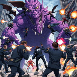 An epic anime scene showcasing FBI agents actively engaged in a fierce battle against a gigantic purple monster