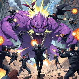 An epic anime scene showcasing FBI agents actively engaged in a fierce battle against a gigantic purple monster