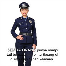 A full-body portrait of a female police officer (Polwan) standing confidently with her hand on her hip, dressed in a smart and authoritative police uniform, featuring a badge and hat