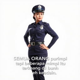A full-body portrait of a female police officer (Polwan) standing confidently with her hand on her hip, dressed in a smart and authoritative police uniform, featuring a badge and hat