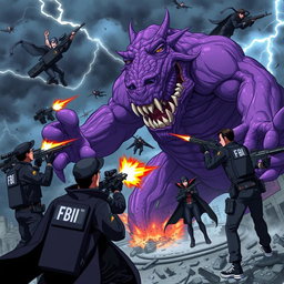 A thrilling anime scene depicting FBI agents in tactical gear firing at a massive purple monster amidst a chaotic storm