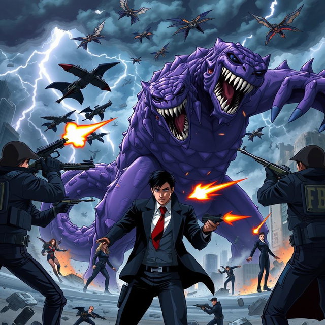 A thrilling anime scene depicting FBI agents in tactical gear firing at a massive purple monster amidst a chaotic storm