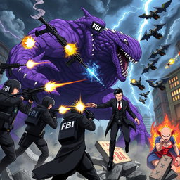 A thrilling anime scene depicting FBI agents in tactical gear firing at a massive purple monster amidst a chaotic storm