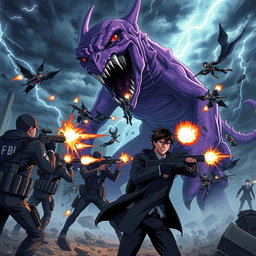 A thrilling anime scene depicting FBI agents in tactical gear firing at a massive purple monster amidst a chaotic storm