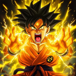 An epic scene of Goku unleashing his immense power, screaming intensely with a fierce expression