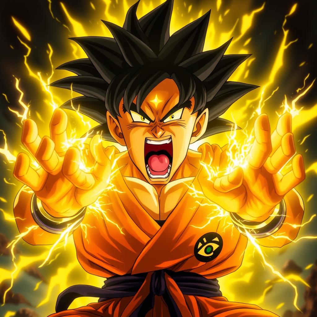 An epic scene of Goku unleashing his immense power, screaming intensely with a fierce expression