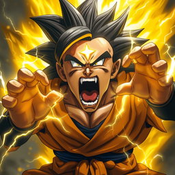 An epic scene of Goku unleashing his immense power, screaming intensely with a fierce expression