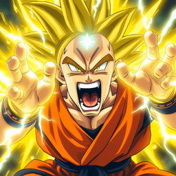 An epic scene of Goku unleashing his immense power, screaming intensely with a fierce expression