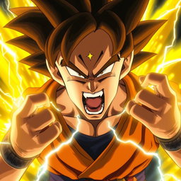 An epic scene of Goku unleashing his immense power, screaming intensely with a fierce expression