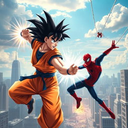 An action-packed scene featuring Goku and Spider-Man teaming up in a dynamic battle against a formidable foe
