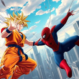 An action-packed scene featuring Goku and Spider-Man teaming up in a dynamic battle against a formidable foe