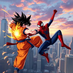 An action-packed scene featuring Goku and Spider-Man teaming up in a dynamic battle against a formidable foe