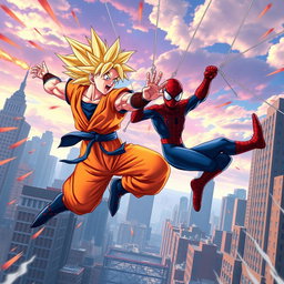 An action-packed scene featuring Goku and Spider-Man teaming up in a dynamic battle against a formidable foe