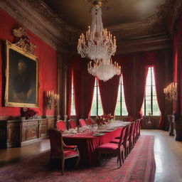 An opulent dining hall with a large oak table set for dinner, lit by a grand chandelier. Lush red draperies hanging from the tall windows, walls adorned with oil paintings.