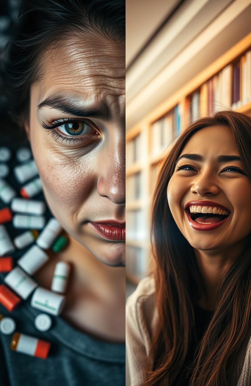 A split image featuring two sides: on the left, the face of a woman expressing sadness and anxiety, surrounded by a background filled with various medicines and pill bottles, showcasing a somber and heavy atmosphere