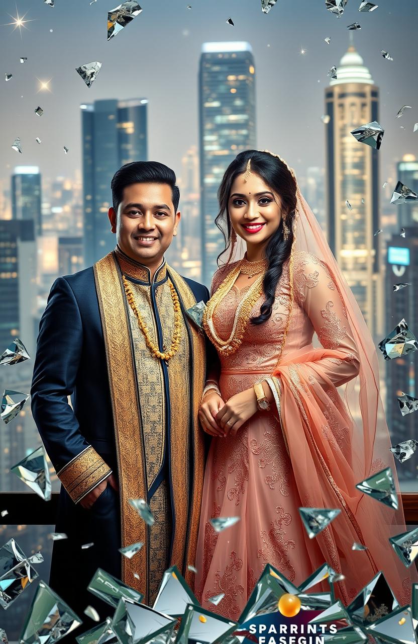 A beautifully arranged marriage scene featuring a man and a woman, both dressed in luxurious outfits adorned with gold accents