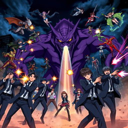 A thrilling anime scene where FBI agents are engaged in a fierce battle against a group of menacing vampires and a gigantic purple monster