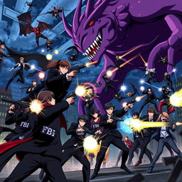 A thrilling anime scene where FBI agents are engaged in a fierce battle against a group of menacing vampires and a gigantic purple monster