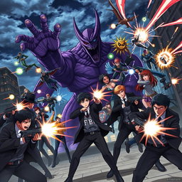 A thrilling anime scene where FBI agents are engaged in a fierce battle against a group of menacing vampires and a gigantic purple monster