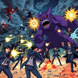 A thrilling anime scene where FBI agents are engaged in a fierce battle against a group of menacing vampires and a gigantic purple monster
