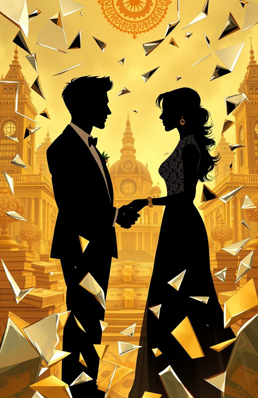 A dynamic 2D illustration featuring a man and a woman in an arranged marriage scenario, both depicted as silhouette-like black characters, with no facial details