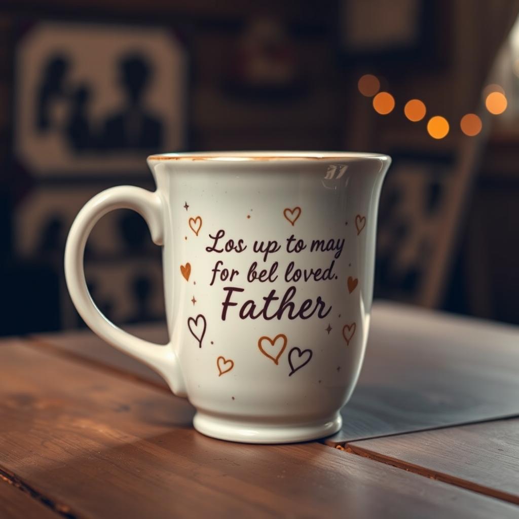 A beautifully crafted ceramic cup representing deep longing and love for a beloved father, adorned with delicate engravings of sentimental symbols like hearts and stars