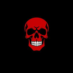 A simple 2D logo design featuring a bold red skull facing forward, with its mouth wide open
