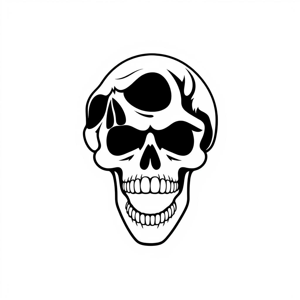 A minimalistic 2D skull logo with an open mouth, designed in a clean and bold style